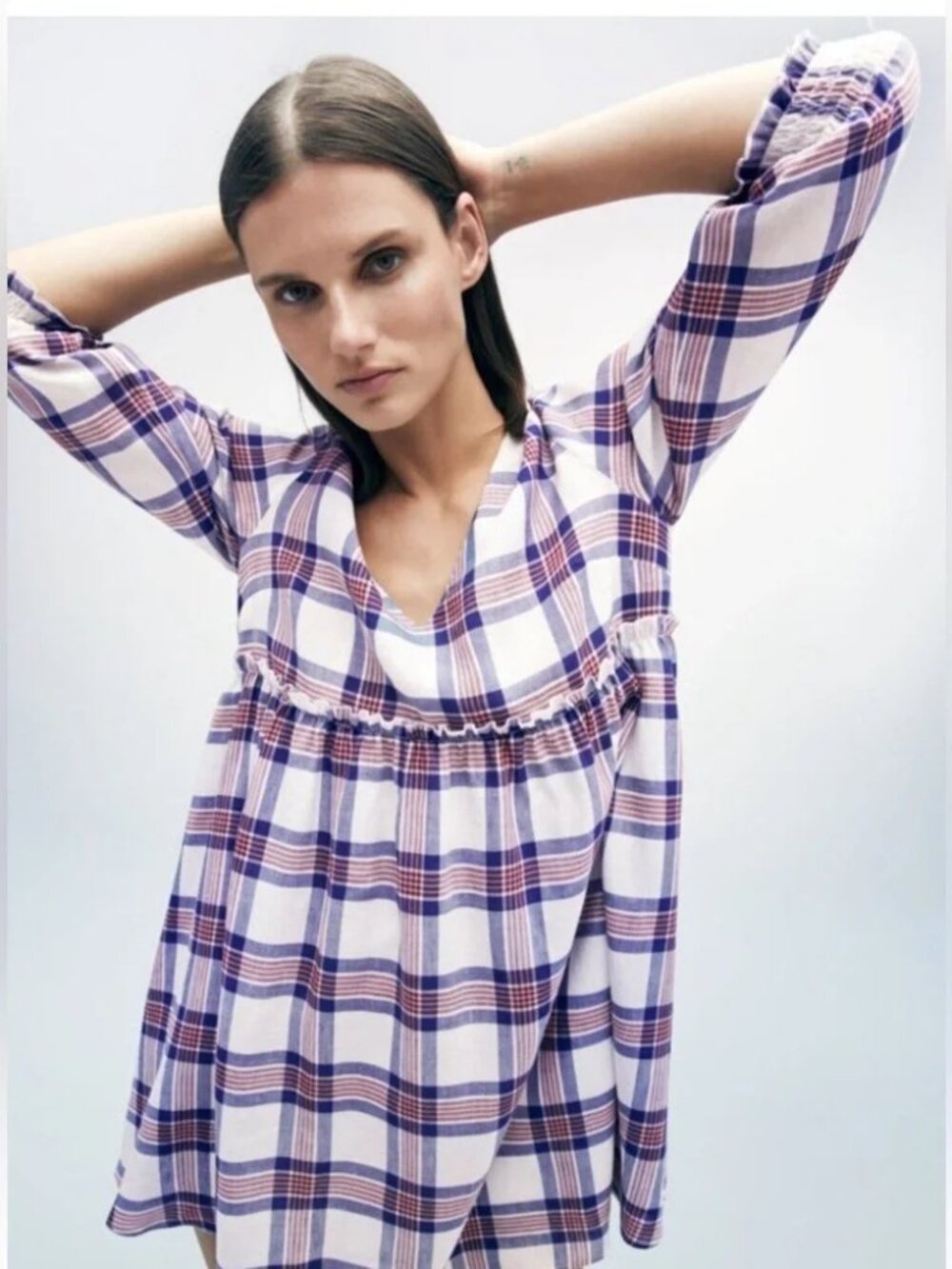 NWT Zara Plaid Babydoll Mini Dress Women’s XS V Neck Blue Red White Lined Boho - Picture 9 of 13